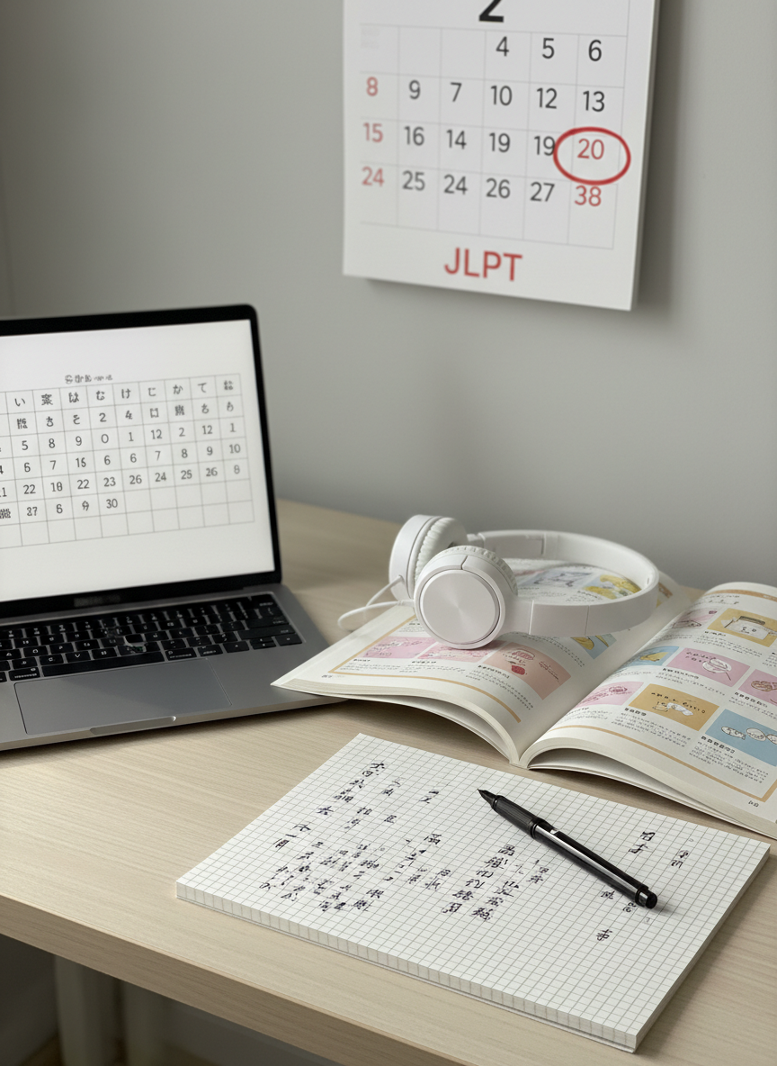 A bright, modern study desk arranged for self-paced Japanese learning, with a slim silver laptop displaying a clean hiragana chart on the screen beside a neatly open textbook showing kana and simple vocabulary. Smooth white headphones rest on the book, and a fine-tip black pen lies on squared paper filled with carefully written Japanese characters. The desk sits against a light grey wall with a minimalist calendar marked “JLPT” in red. Soft morning daylight from an unseen window creates gentle, natural reflections on the laptop and desk surface. Photographic realism at eye level with a slight angle, sharp focus on the materials and a softly blurred, uncluttered background, conveying a professional yet calm, motivating atmosphere suitable for an education website.